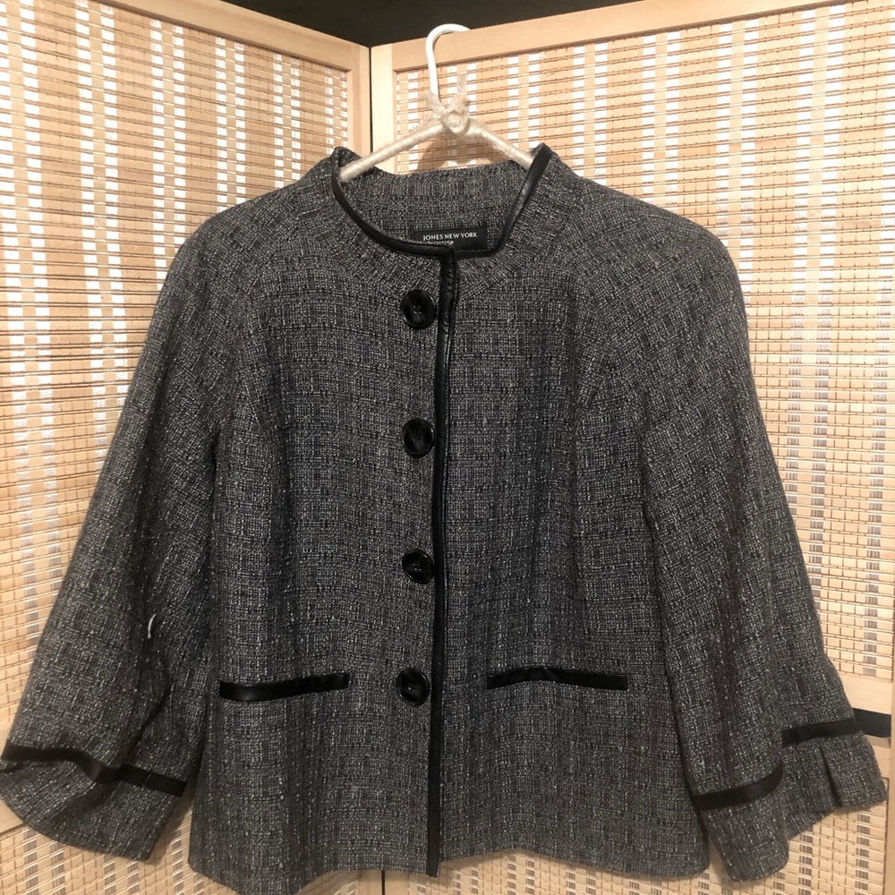 Jones New York Collection Wool Blend Blazer with Leather Trim and 3/4 Sleeves